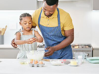 Buy stock photo Father, child or family baking together at kitchen counter for help and love. Black man and girl kid in a house to learn focus and cooking food, dessert and pancakes with eggs for development