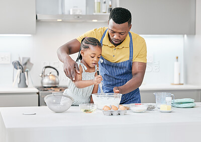 Buy stock photo Father, child or black family baking together at kitchen counter for help and love. African man or dad and kid or daughter in house to learn about cooking food, dessert and pancakes for development