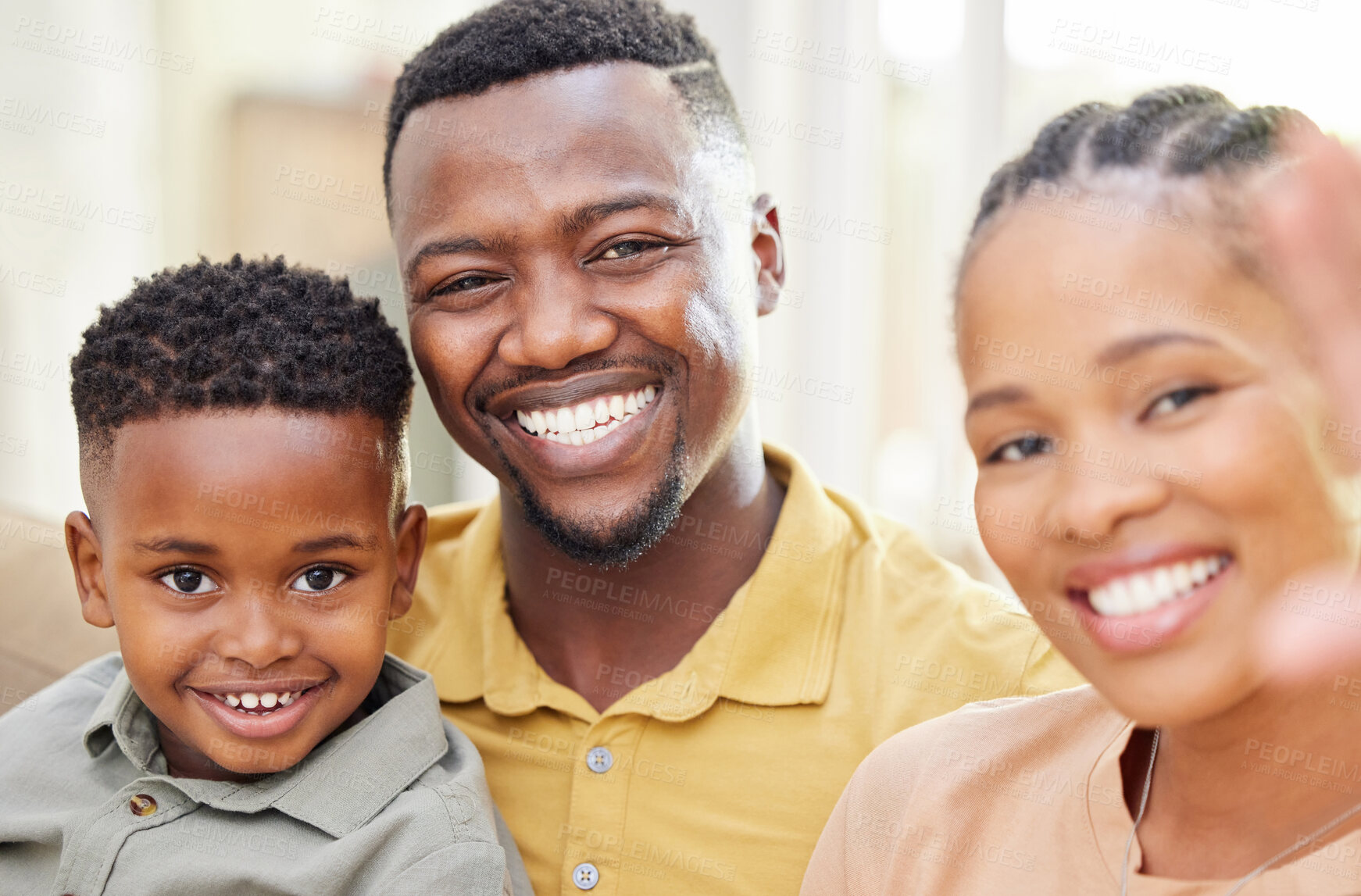 Buy stock photo Portrait, black family and selfie smile in home, living room and bonding together. Face, children and African father, mother and parents taking profile picture for social media, happy memory and love