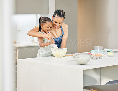 Buy stock photo Mother, child or family baking together at kitchen counter for help and love. Black woman or mom and happy girl kid in a house to learn about cooking food, dessert and pancakes for development