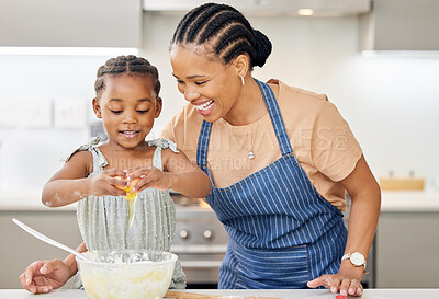 Buy stock photo Black family, mother and child together for baking at kitchen counter with help and love. African woman or mom and happy kid in a house cooking food, dessert and pancakes for learning and development