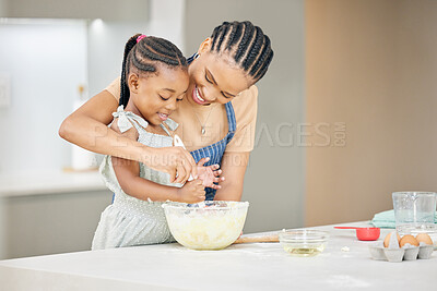 Buy stock photo Black child, mother or family baking together at kitchen counter for help and development. African woman or mom and girl kid in happy home to learn about cooking food, dessert and pancakes with love