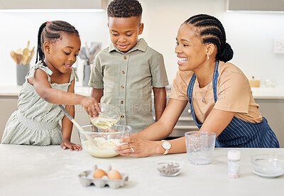 Buy stock photo Mother, children or black family baking together at kitchen counter for help and love. Black woman or mom and happy kids in a house to learn about cooking food, dessert and pancakes for development