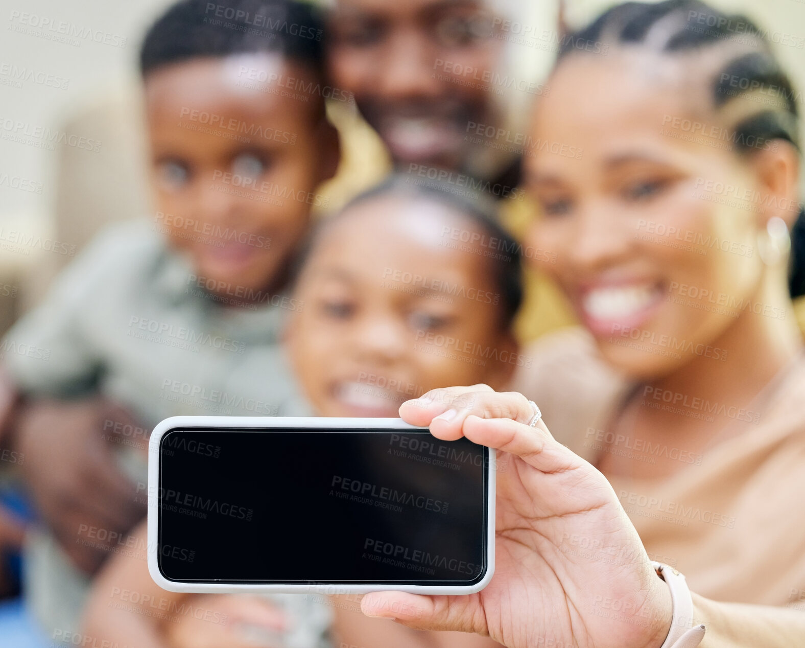 Buy stock photo Family, children and phone screen for selfie together on home sofa with happiness and love. Black kids, man and woman or parents with smartphone mockup photo for social media, quality time and memory