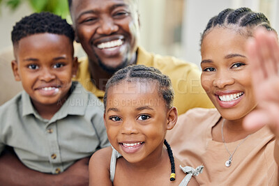 Buy stock photo Home, happy and black family with love, selfie and quality time with support, happiness and childhood. Portrait, mother and father with children, loving together and trust with care and social media