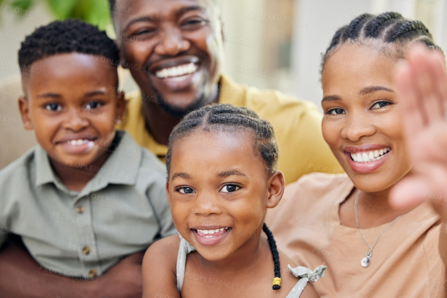 Buy stock photo Home, happy and black family with love, selfie and quality time with support, happiness and childhood. Portrait, mother and father with children, loving together and trust with care and social media