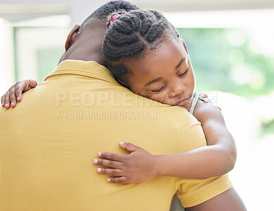 Buy stock photo Love trust and a daughter hugging her father in their home together for support, care or comfort. Black family, children and a girl child giving her dad a hug for empathy or security in the house