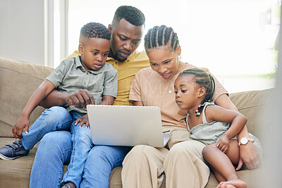 Buy stock photo Black family, laptop or education with parents and children bonding on a sofa in the home living room together. Learning, trust or love with a mom, dad and kids streaming an online school video