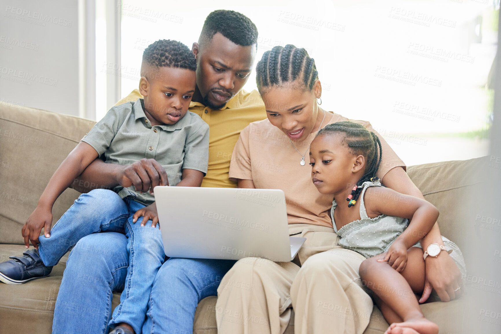 Buy stock photo Black family, laptop or education with parents and children bonding on a sofa in the home living room together. Learning, trust or love with a mom, dad and kids streaming an online school video