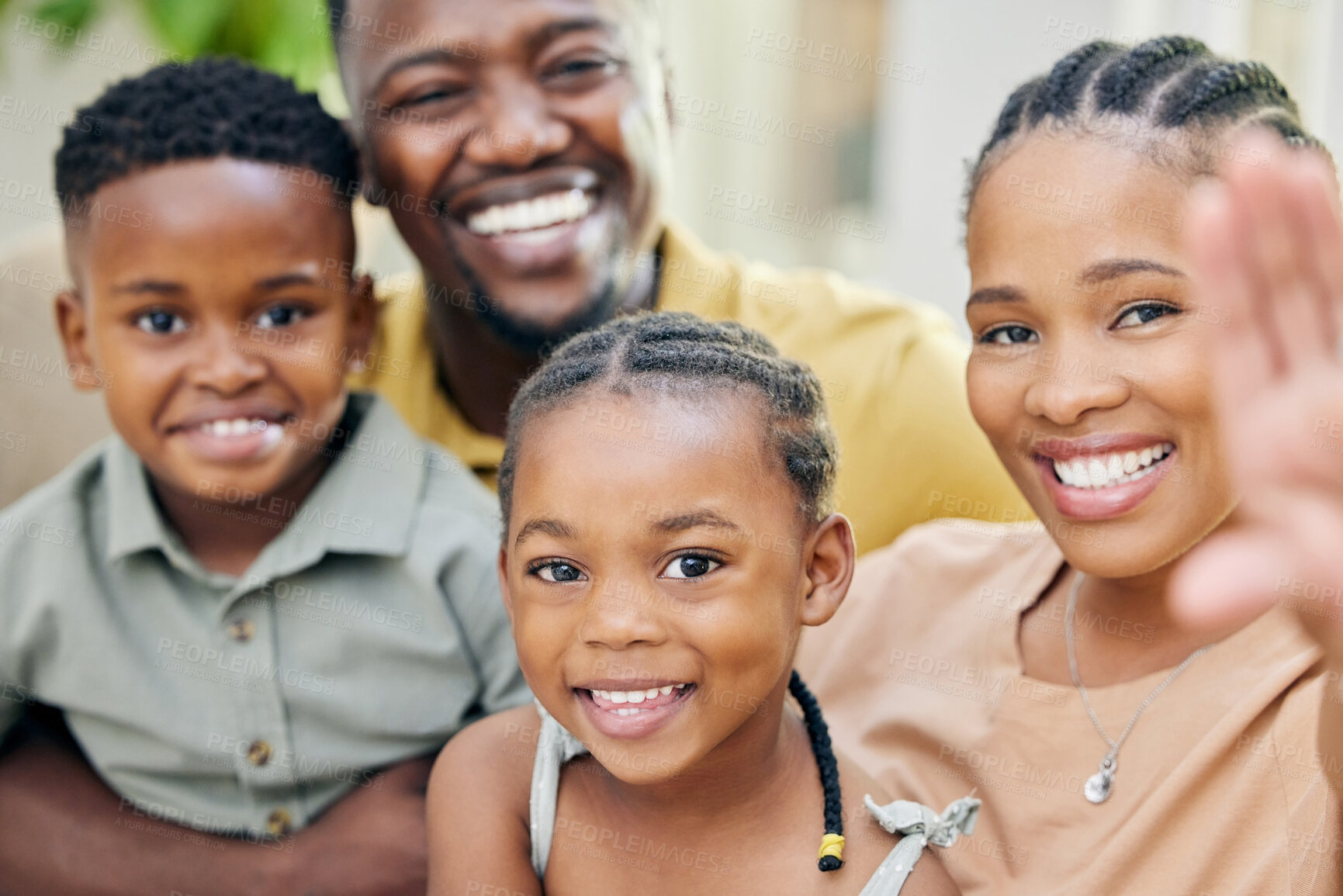 Buy stock photo Home, smile and black family with love, selfie and bonding with quality time, happiness and growth. Portrait, mother and father with social media, loving together and trust with care, support and joy