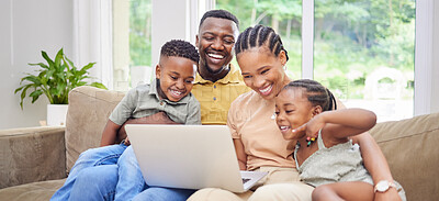 Buy stock photo Black family, laptop or movie with parents and children bonding on a sofa in the home living room together. Video, trust or love with a mom, dad and kids streaming an online subscription service