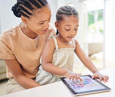 Buy stock photo Black family, mother and girl or tablet in home, educational games and child development with learning app. Digital literacy, motor skills and color recognition activity, fun tech and people in house