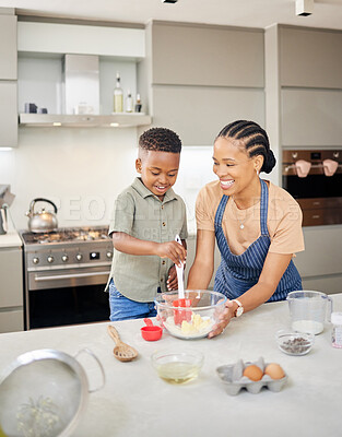 Buy stock photo Mother, child or black family baking together at kitchen counter for help and love. African woman or mom and happy kid or son in house to learn about cooking food, dessert and pancakes or development