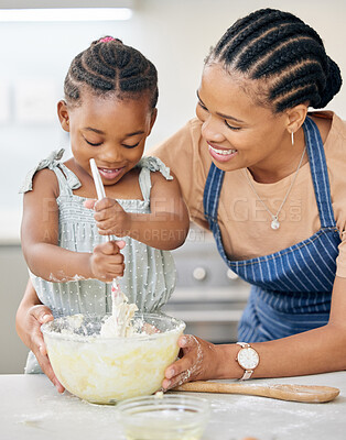 Buy stock photo Mother, child or happy family baking together at kitchen counter for help and love. Black woman and girl kid or daughter in a house to learn about cooking food, dessert and pancakes for development