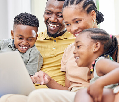 Buy stock photo Black family, laptop or video with parents and kids bonding on a sofa in the home living room together. Movie, trust or love with a mom, dad and children streaming an online subscription service