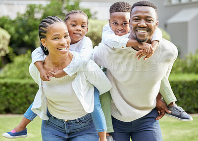 Buy stock photo Piggyback, children and black family in garden, bonding and support with parents in home. Nature, backyard and mother with father person for unity and solidarity, together and weekend for relax