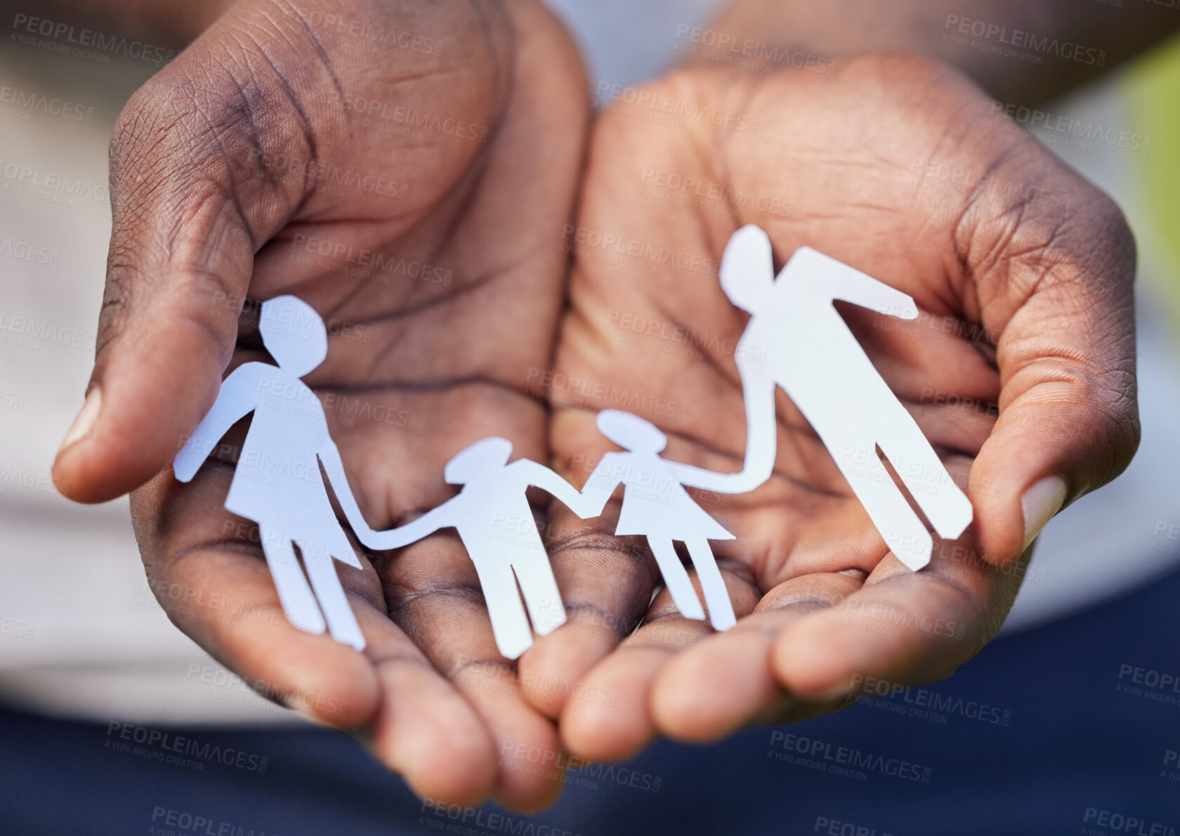 Buy stock photo Hands, paper cutout and family for love, palm and support or solidarity together. Child, parent or protection with life insurance and black people, security or community for unity and help with faith