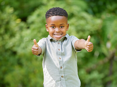 Buy stock photo Boy, portrait and happy with thumb up in the garden in summer for fun in africa. Male child, happiness and thumbs sign in the park for winning in the outdoor with sunshine on the weekend is excited.
