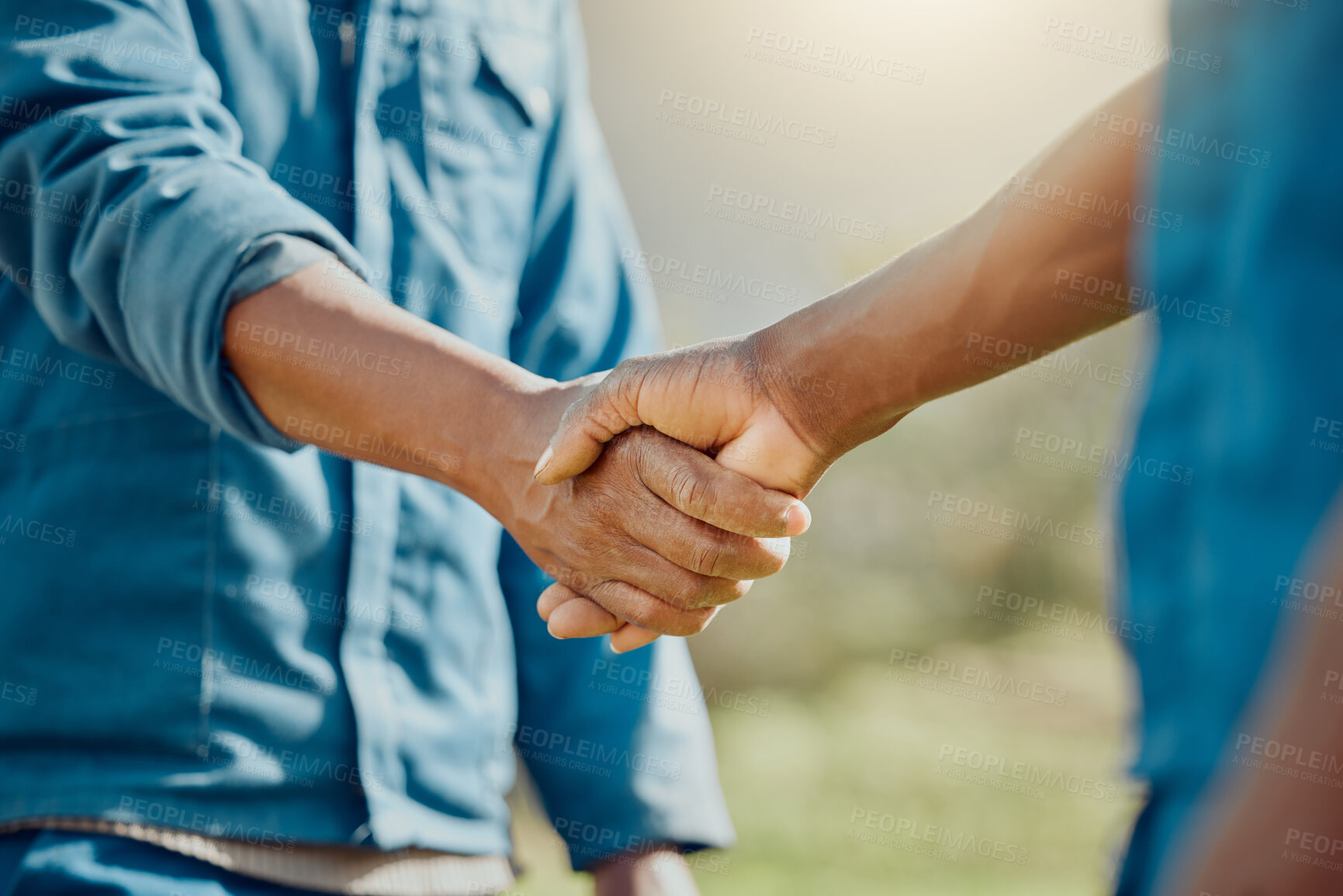 Buy stock photo Handshake, men and hands on farm for agreement, partnership and agro collaboration. Sustainability, business owners and outdoor with gesture for teamwork, support and deal with agriculture investment