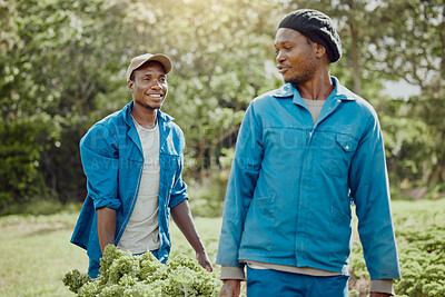 Buy stock photo Black people, farming or harvest with bucket for fresh produce, agriculture or organic production in nature. African, men or farmers with crops for sustainable, agro business or gardening service