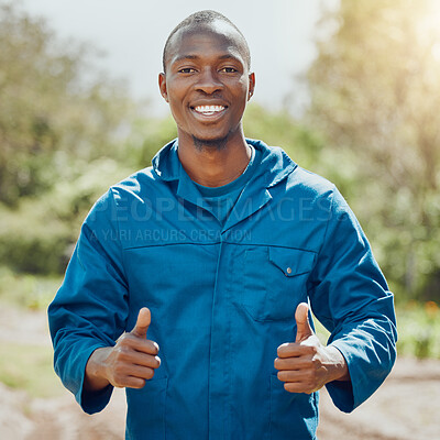 Buy stock photo Happy, portrait and black man with thumbs up for farming, agriculture or global warming in nature. Young Nigerian, male person or farmer with smile, like emoji or yes sign for gardening in Nigeria