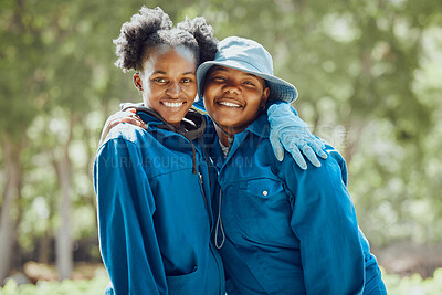 Buy stock photo Happy, portrait or black women with hug on farm for agriculture, organic production or gardening in nature. Young African, female people or farmers with smile for conservation together in countryside