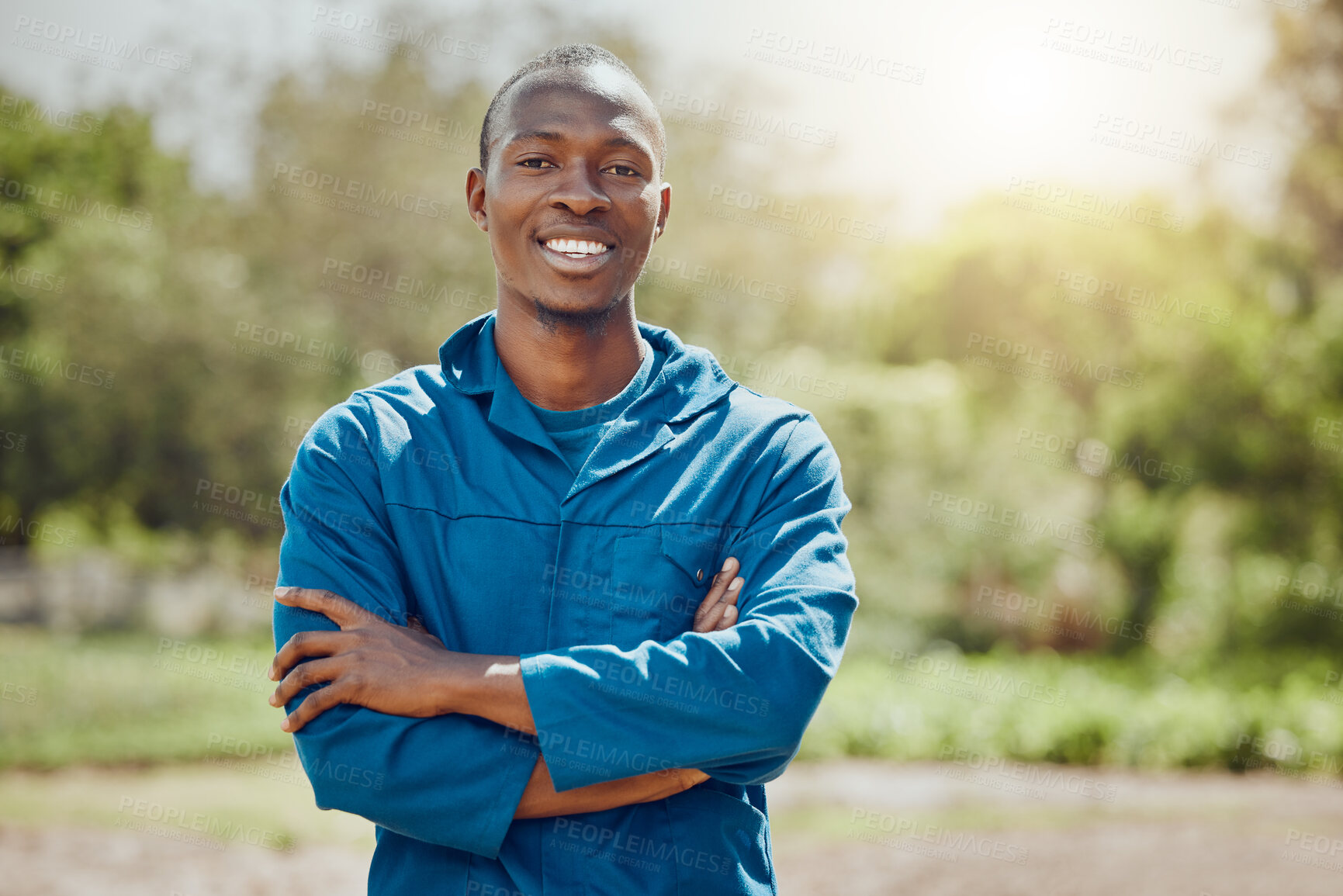 Buy stock photo Happy, portrait and black man with confidence for farming, agriculture or global warming in nature. Young Nigerian, male person or farmer with smile or arms crossed for natural development in Nigeria