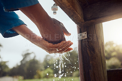 Buy stock photo Person, farmer or washing hands with water for hygiene, hydration or sanitary disinfection at ranch. Closeup, rinse or cleaning by tap for natural sustainability, gardening or farming in countryside