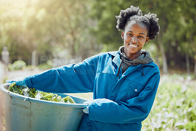 Buy stock photo Happy, portrait and black woman with bucket for harvest farming or agriculture in countryside. Young African, female person or farmer with smile for conservation, crops or natural organic production