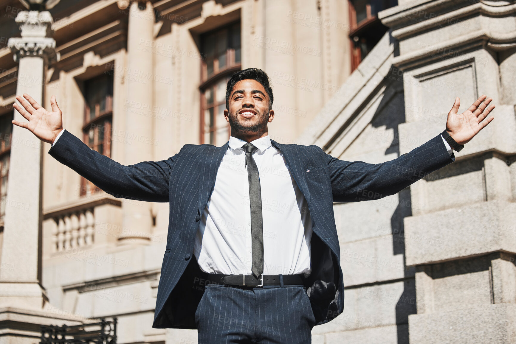 Buy stock photo City, business and man with open arms, portrait and happiness with positive mindset, smile and carefree attitude. Person, attorney and lawyer with gesture, outdoor and celebration with achievement