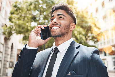 Buy stock photo Phone call, business and man in city, contact and conversation with network signal. Person, accountant and consultant in street, smartphone and discussion with digital app, communication and commute