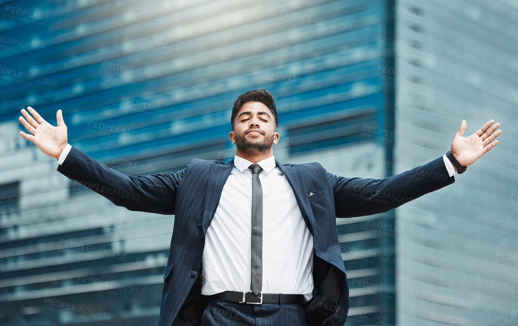 Buy stock photo City, business and man with open arms, calm and happiness with positive mindset, achievement and carefree attitude. Person, attorney and lawyer with gesture, outdoor and celebration with success