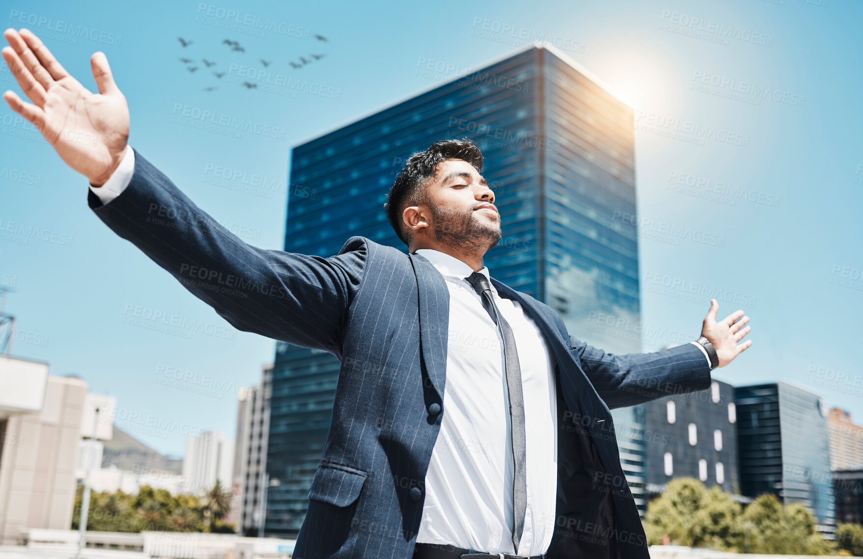 Buy stock photo City, business and man with open arms, achievement and happiness with positive mindset, New York and carefree attitude. Person, attorney and lawyer with gesture, outdoor and celebration with freedom