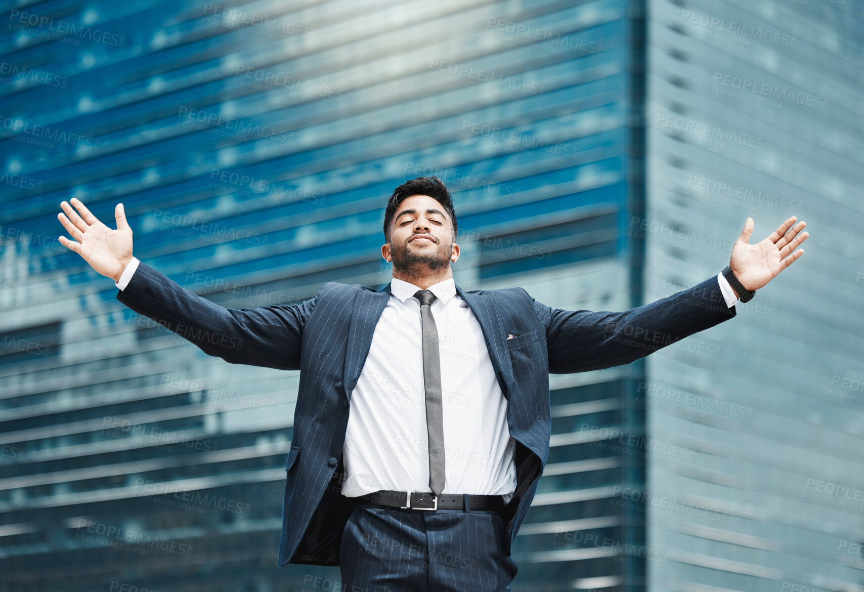 Buy stock photo City, business and man with open arms, celebration and happiness with positive mindset, buildings and carefree attitude. Person, attorney and lawyer with gesture, outdoor and achievement in New York