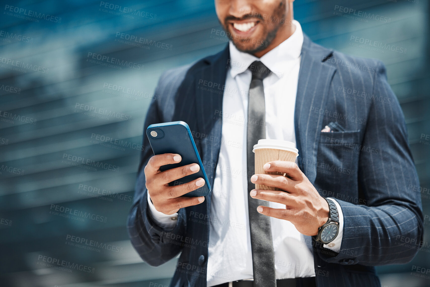 Buy stock photo Businessman, hands and coffee with smartphone in city for conversation with client, downtown and networking apps. Person, corporate employee and internet for professional communication with commute.