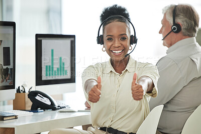 Buy stock photo Call center, thumbs up and portrait of black woman in office for thank you, success and happy. Communication, customer support and female worker with hand sign for contact, crm service and consulting