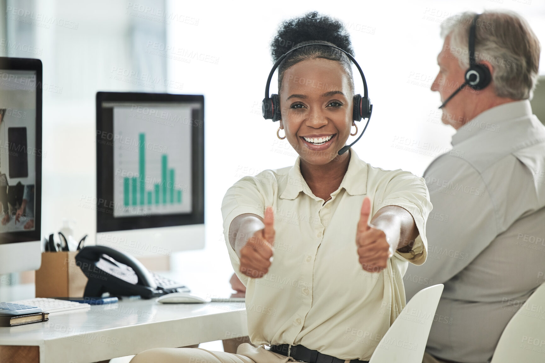 Buy stock photo Call center, thumbs up and portrait of black woman in office for thank you, success and happy. Communication, customer support and female worker with hand sign for contact, crm service and consulting