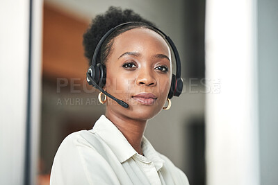 Buy stock photo Call center, customer service and portrait of black woman in office for advice, help and telemarketing. Communication, consultant and serious female worker for contact, crm support and consulting