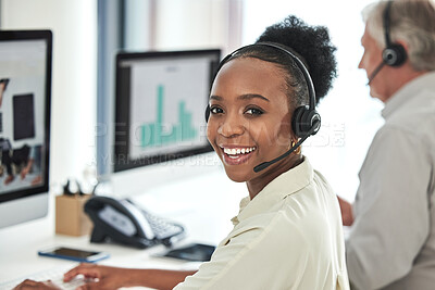 Buy stock photo Black woman, call center and portrait with consultation and smile in a office with contact us work. Telemarketing, consulting job and African female employee with computer and customer service