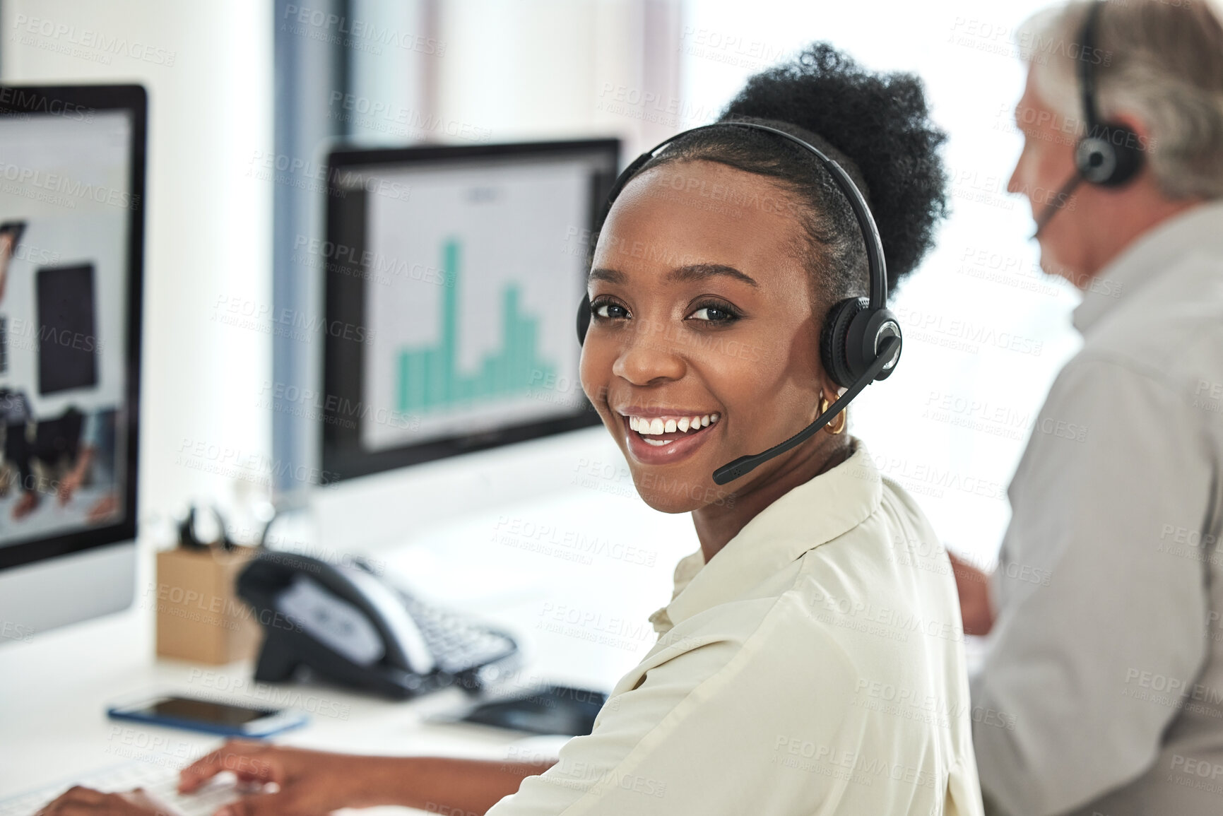 Buy stock photo Black woman, call center and portrait with consultation and smile in a office with contact us work. Telemarketing, consulting job and African female employee with computer and customer service