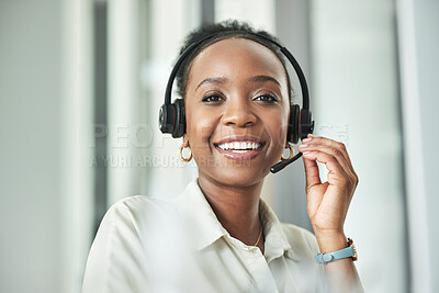 Buy stock photo Black woman face, call center and phone consultation with a smile in a office with contact us work. Telemarketing, portrait and African female employee with communication and customer service