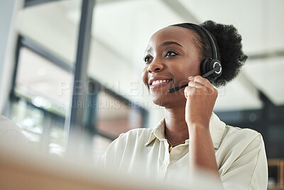 Buy stock photo Black woman, call center and phone consultation with a smile in a office with contact us work. Telemarketing, consulting job and African female employee with communication and customer service