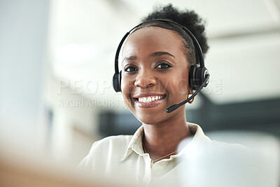 Buy stock photo Black woman, call center portrait and phone consultation with a smile in a office with work. Telemarketing, consulting job and African female employee at a contact us and customer service company