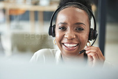 Buy stock photo Black woman face, call center and phone consultation with a smile in a office with contact us work. Telemarketing, job portrait and African female employee with communication and customer service