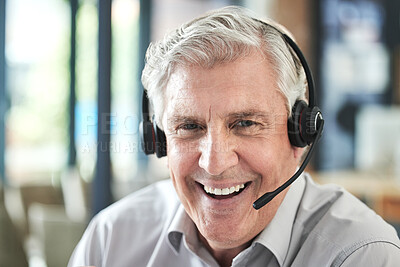 Buy stock photo Call center, customer support and portrait of happy old man for help, advice and telemarketing. Communication, manager and elderly male worker with headset for contact, crm service and consulting