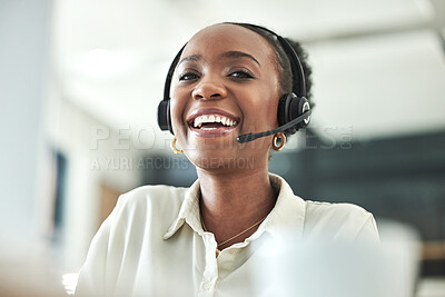 Buy stock photo Black woman, call center and laugh portrait with a smile in a office with contact us work. Telemarketing, consulting job and African female employee with consultation and customer service at company