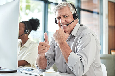 Buy stock photo Thumbs up, customer support and portrait of senior man for online help, thank you and telemarketing. Call center, hand sign and happy elderly male worker for contact us, crm service and consulting