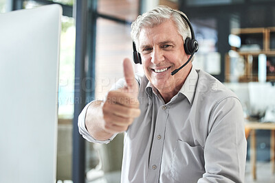 Buy stock photo Call center, thumbs up and portrait of senior man in office for thank you, success and good job. Communication, telemarketing and elderly male worker with hand sign for contact, crm service and help