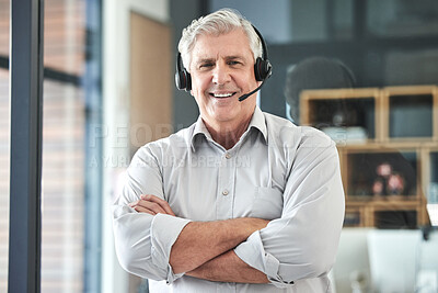 Buy stock photo Call center, customer service and portrait of old man with crossed arms for helpdesk, agency and telemarketing. Communication, manager and elderly male worker for contact, crm support and consulting