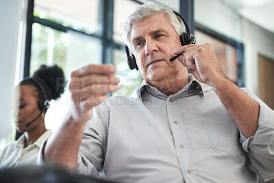 Buy stock photo Call center, customer support and senior man with headset in office for help, talking and telemarketing. Communication, manager and elderly male worker for contact us, crm service and consulting